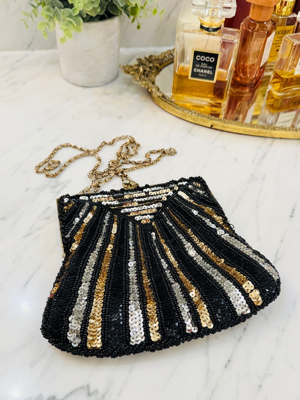 Vintage Beaded Sequin Stripe Evening Clutch/Crossbody in Black Gold & Silver